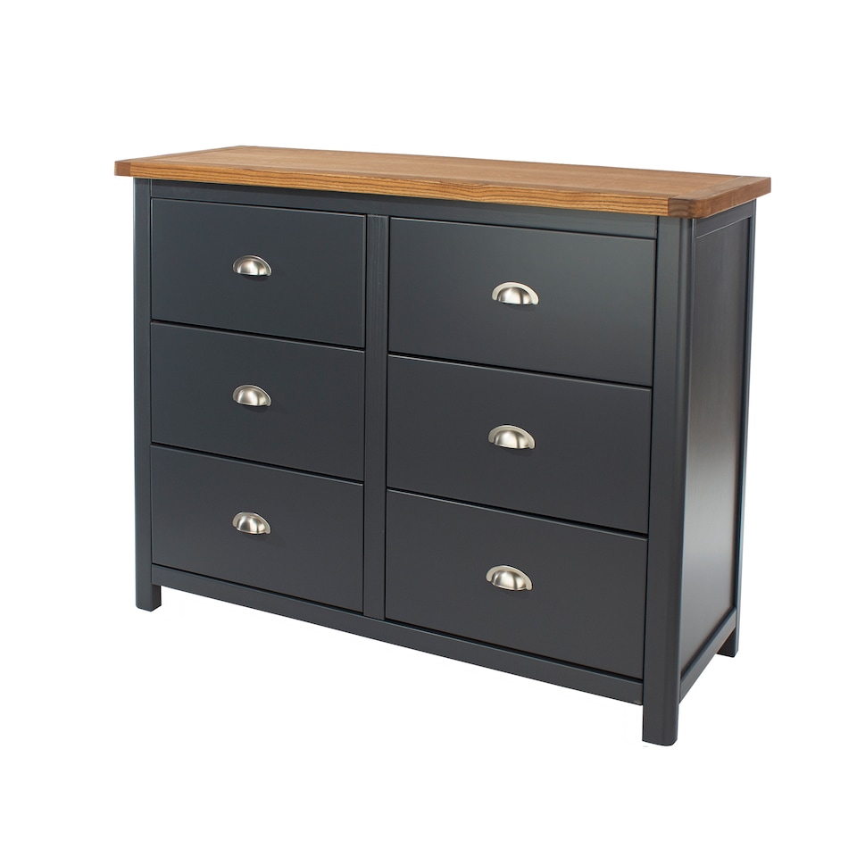 image 1 of Dunkeld 3+3 Drawer Wide Chest - Midnight Blue Painted Wood Bedroom Storage with Antique Waxed Top | Blue | Blue | 1