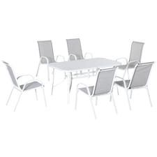Outsunny 7 Piece Garden Dining Set with Dining Table and Chairs, 6 Seater Outdoor Furniture with Parasol Hole for Deck and Balcony, Grey