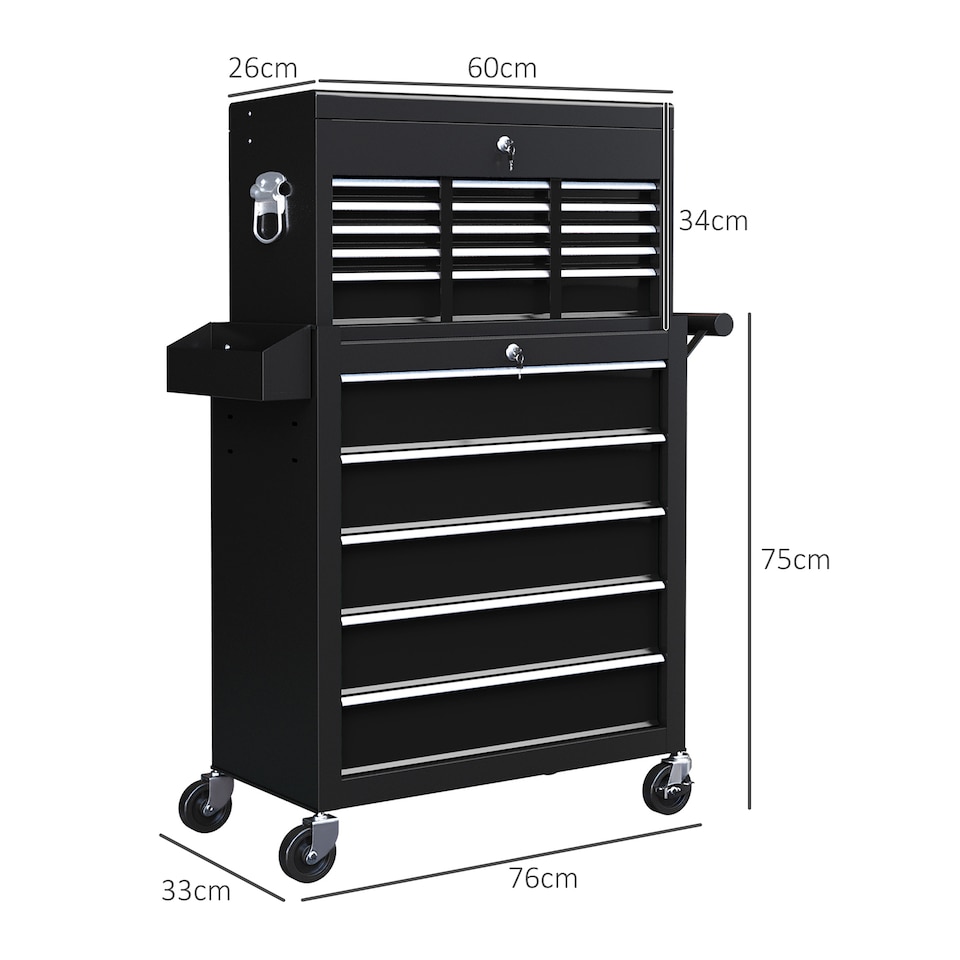image 1 of HOMCOM Rolling Tool Chest Lockable Roller Cabinet with with 14 Drawers Black | Black