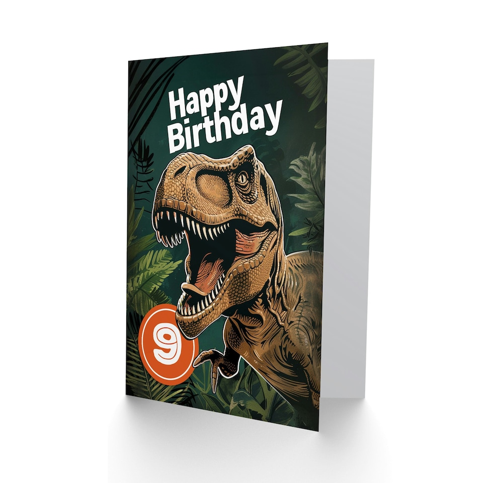 image 1 of Jurassic Dinosaur Roaring T-Rex Jungle 9th 9 Year Old Child Kids Birthday Card