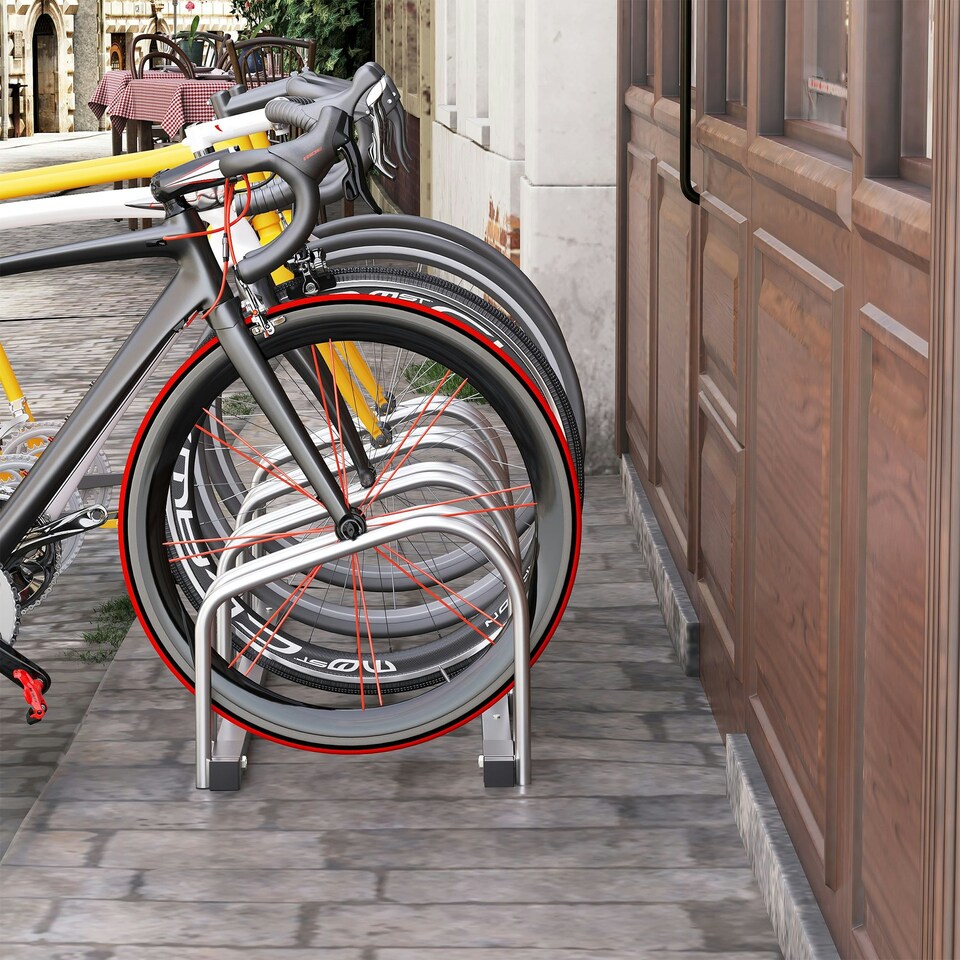 image 1 of HOMCOM Bike Parking Rack Bicycle Locking Storage Stand for 4 Cycling Silver