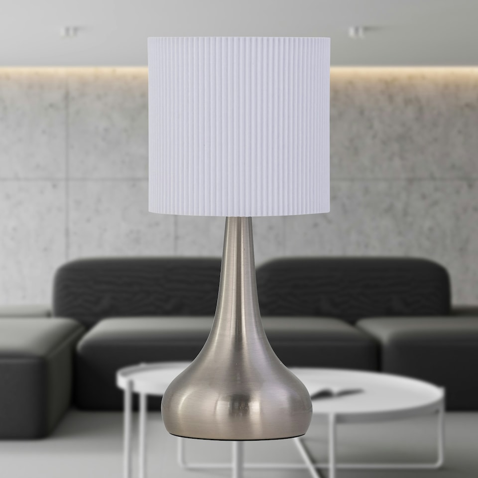 image 1 of Set of 2 Romana - Brushed Chrome Touch Operated Table Lamps Bedside Lights White Pleated Shade Silver | White