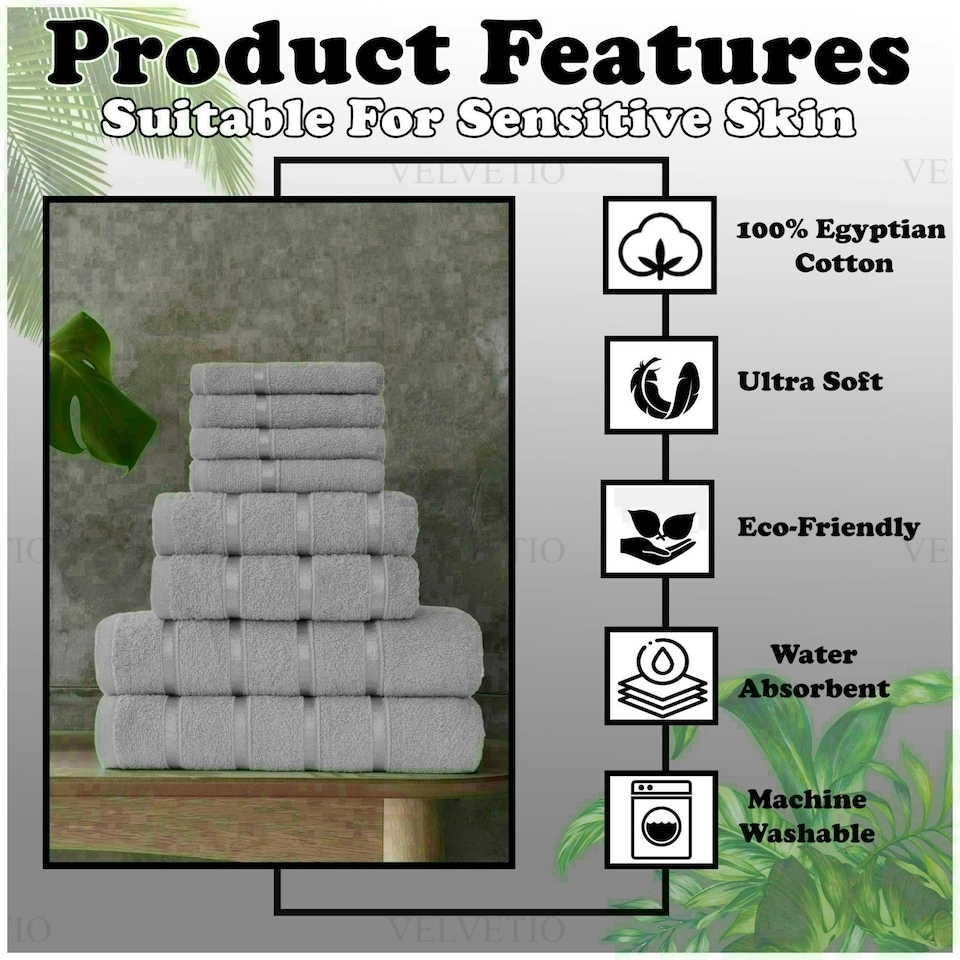 image 1 of VELVETIO 8 Piece Towel Bale Set Boston Shiny Stripe Pattern - 100% Cotton, 450 GSM Silver