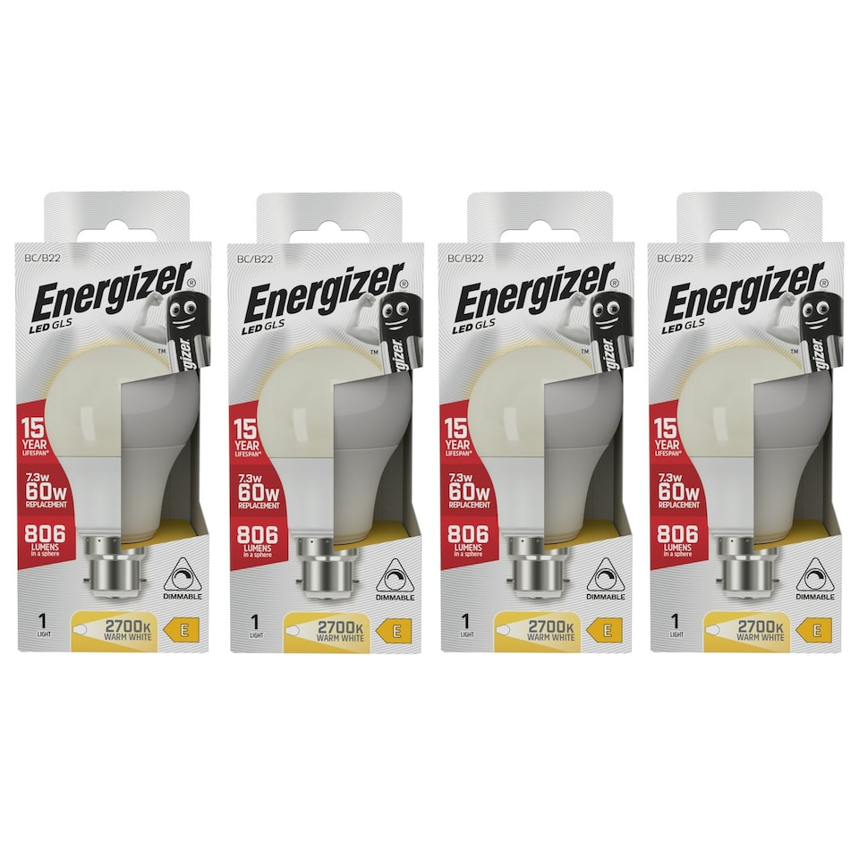image 1 of Energizer LED GLS B22 806lm 7.3W 3000K (Warm White) Dimmable Light Bulb - Pack of 4
