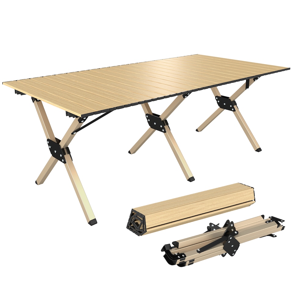 image 1 of Outsunny 4ft Folding Camping Table, Picnic Table with Roll Up Top, Brown | Brown | Dark Brown | 116 x 59 x 43 cm