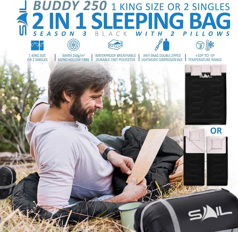 image 1 of SAIL Buddy Double Sleeping Bag with 2 Pillows - Extra Large 220x150cm, 250GSM, Water-Resistant