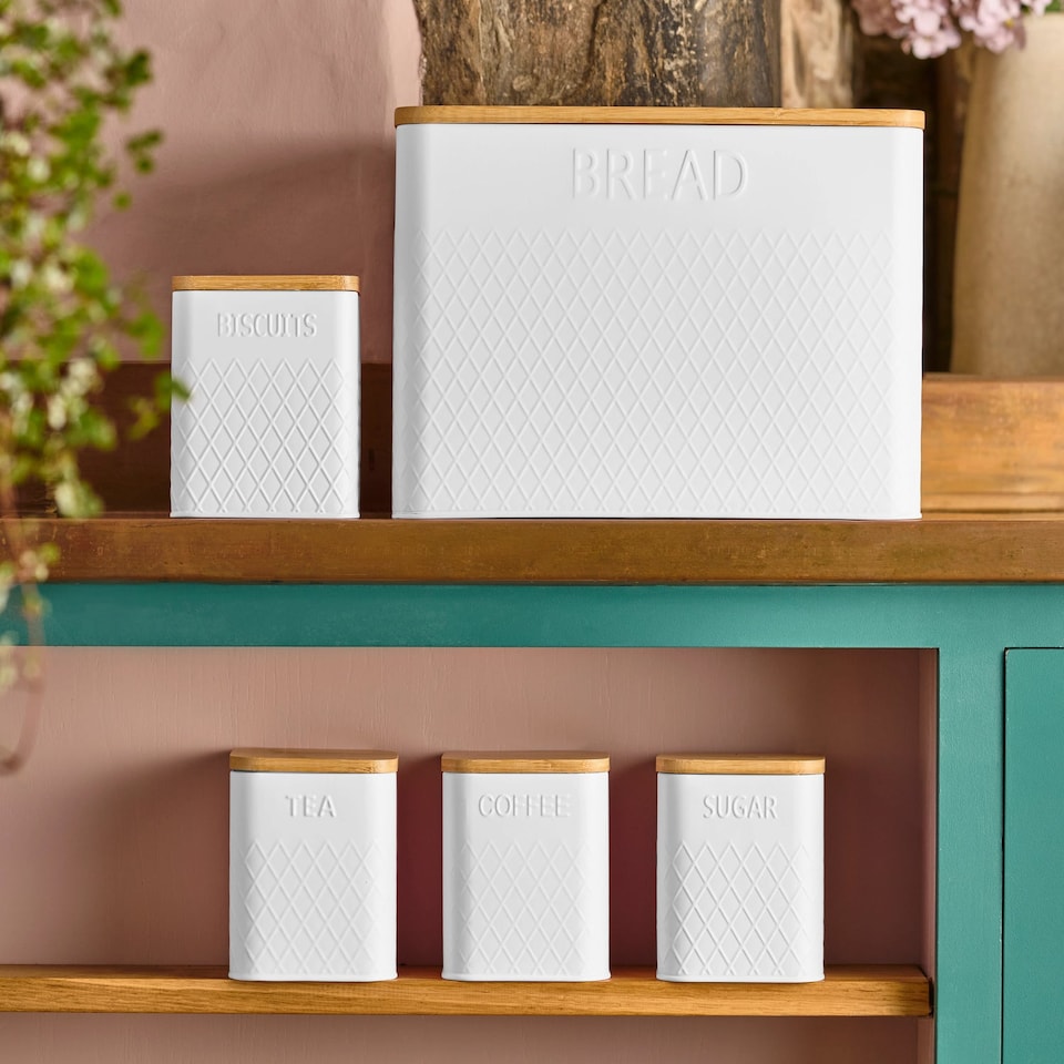 image 1 of Cooks Professional 5 Piece Square Kitchen Storage Cannister Set with Bamboo Lids | White | White | 5