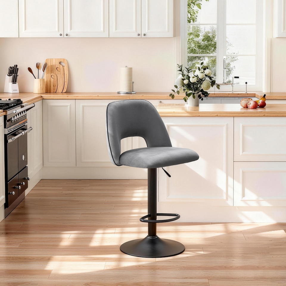 image 1 of SONARA Set of 1 Adjustable Velvet Upholstered Breakfast Bar Stools | Grey