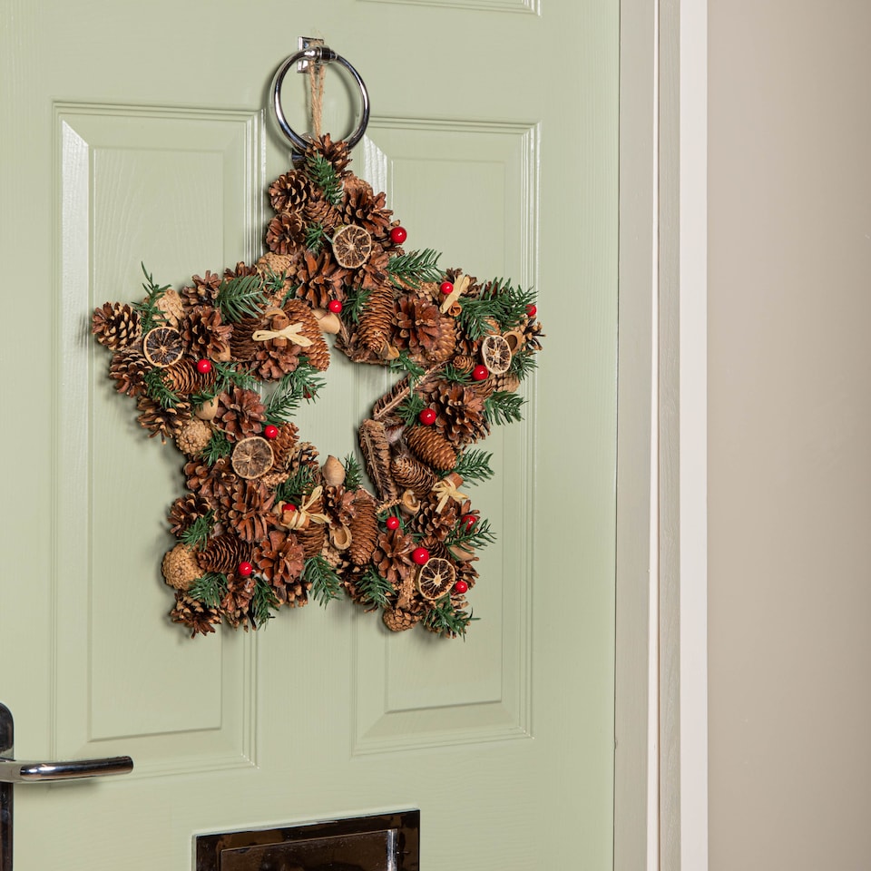 image 1 of 45cm Winter Spice Star Hanging Christmas Wreath with Pine Cones Red Berries & Dried Fruit