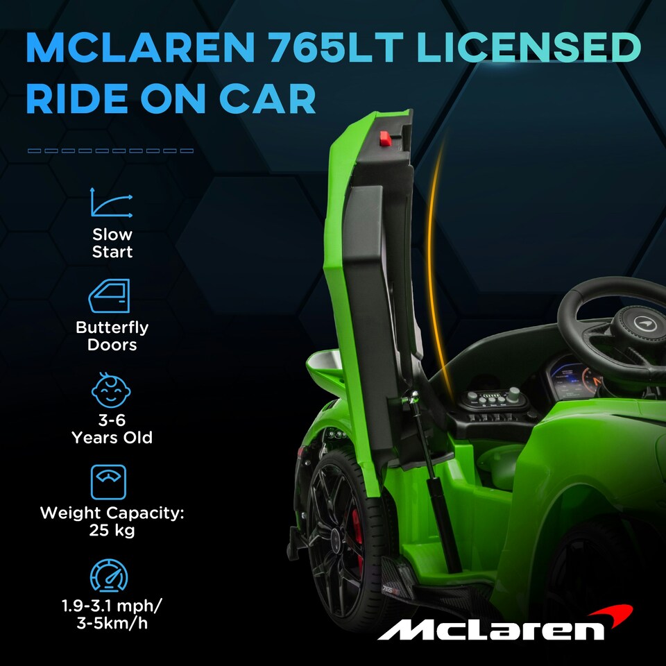 image 1 of AIYAPLAY McLaren 765LT Licensed 12V Kids Ride on Car w/ MP3 Music, Green