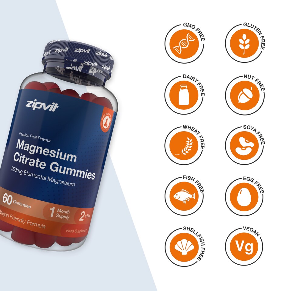 image 1 of Zipvit Magnesium Gummies, Energy, Muscle & Nerve Support, Passion Fruit Flavour, 60 Vegan Gummies, 1-Month Supply