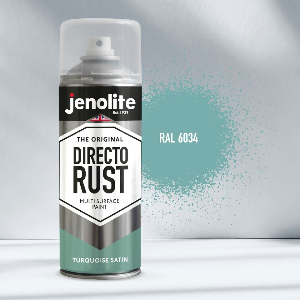 image 1 of Jenolite Directorust All-in-One Multi-Surface Paint - Turquoise Satin - 400ml Spray Can - 2-Pack