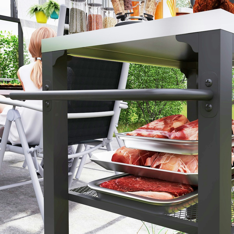 image 1 of Outsunny 3-Shelf Outdoor Grill Cart, Outdoor Kitchen w/ Stainless Steel Top