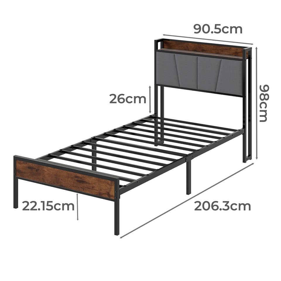 image 1 of Levede Heavy Duty Single Bed Frame Metal Platform with Storage Headboard 3FT | Brown | Single | Single