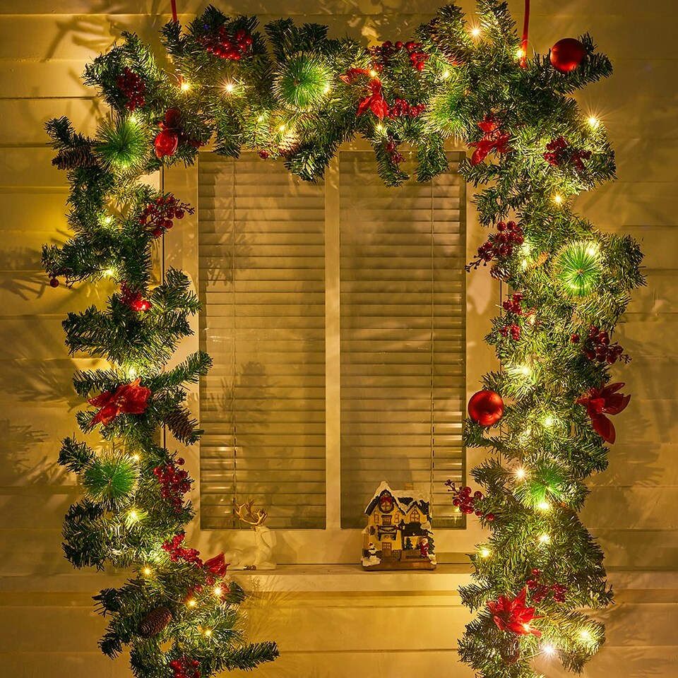 image 1 of Living and Home 2.8m LED Light Poinsettia Christmas Garland Decor - Blossom * snow
