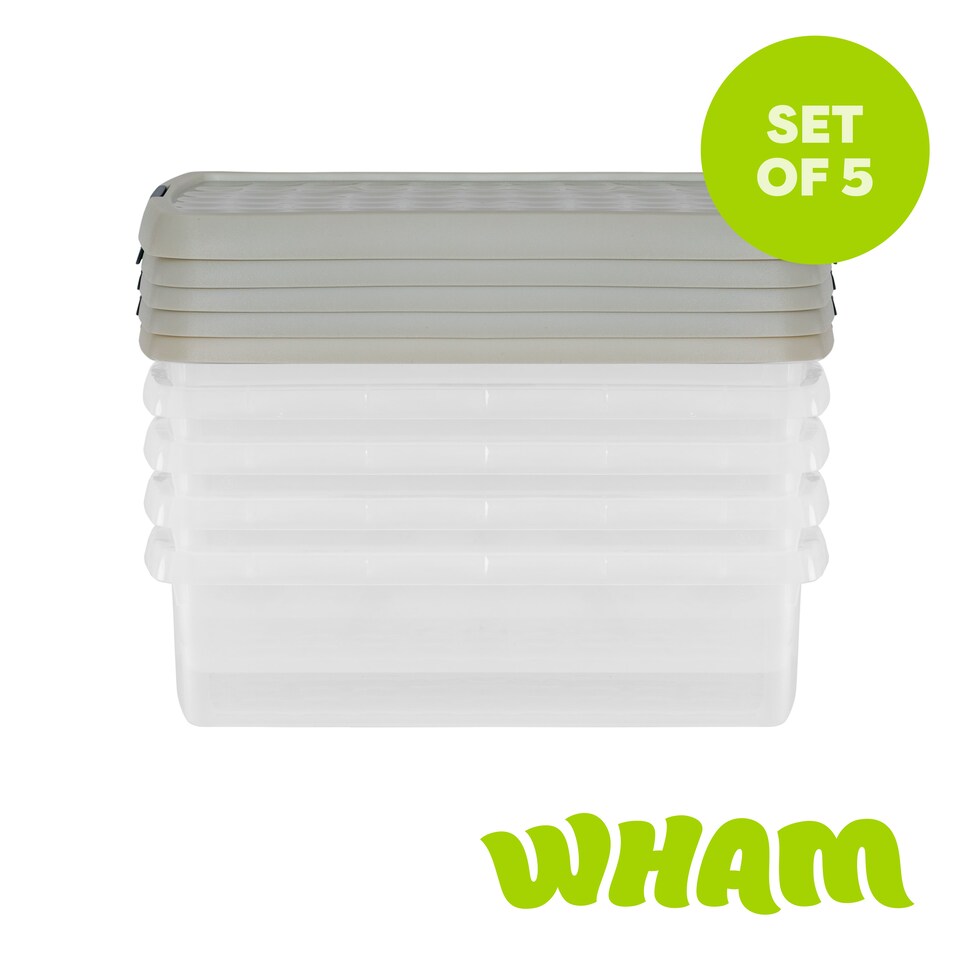 image 1 of Wham Clip 5x 7L Rectangular Plastic Storage Boxes with Clip Lock Lids. Ideal for Home, Office, Toys & More - Clear/Stone | Cream | Stone | 5