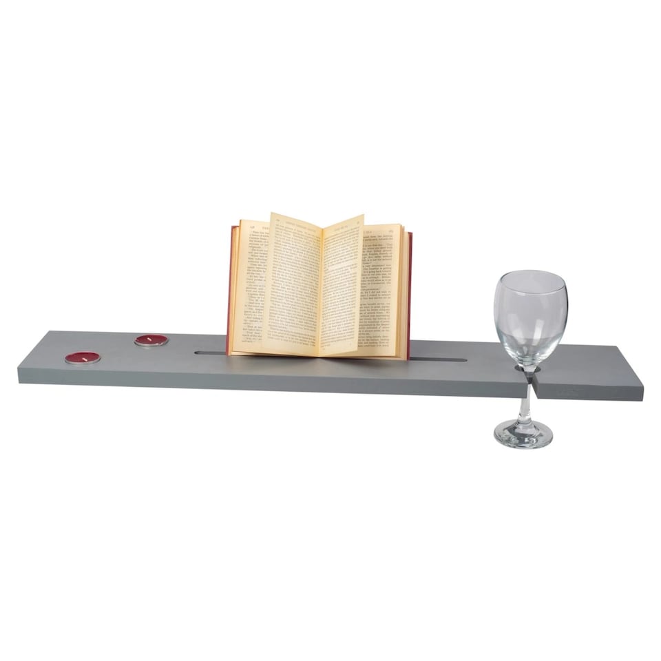 image 1 of Grey Wood Bath Tub Rack Caddy Bathroom Shelf Wine Glass Tablet Tea Light Holder