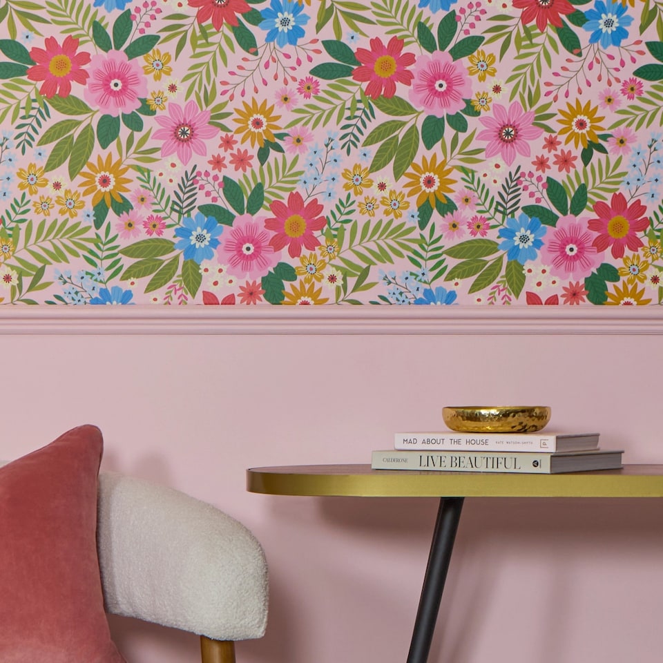 image 1 of Perfect Petals Wallpaper in Brights on Pink | Multi | Pink | 50cm x 10m