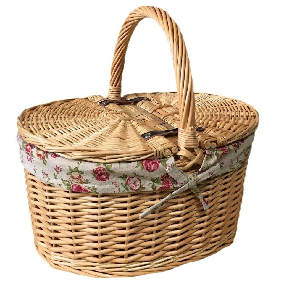 image 1 of Cotton Lined Buff Oval Picnic Basket Green | Green | One Size