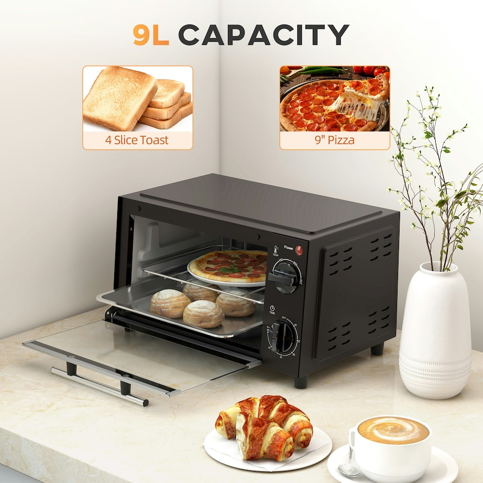 image 1 of HOMCOM Mini Oven 9L Countertop Toaster Oven with Timer Control 750W Black