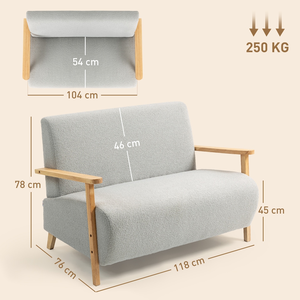 image 1 of HOMCOM 2 Seater Sofa, Small Sherpa Fabric Couch Settee, Nordic Upholstered Loveseat with Wood Legs and Armrests, Thick Seat for Living Room, Bedroom, Office, Light Grey | Grey