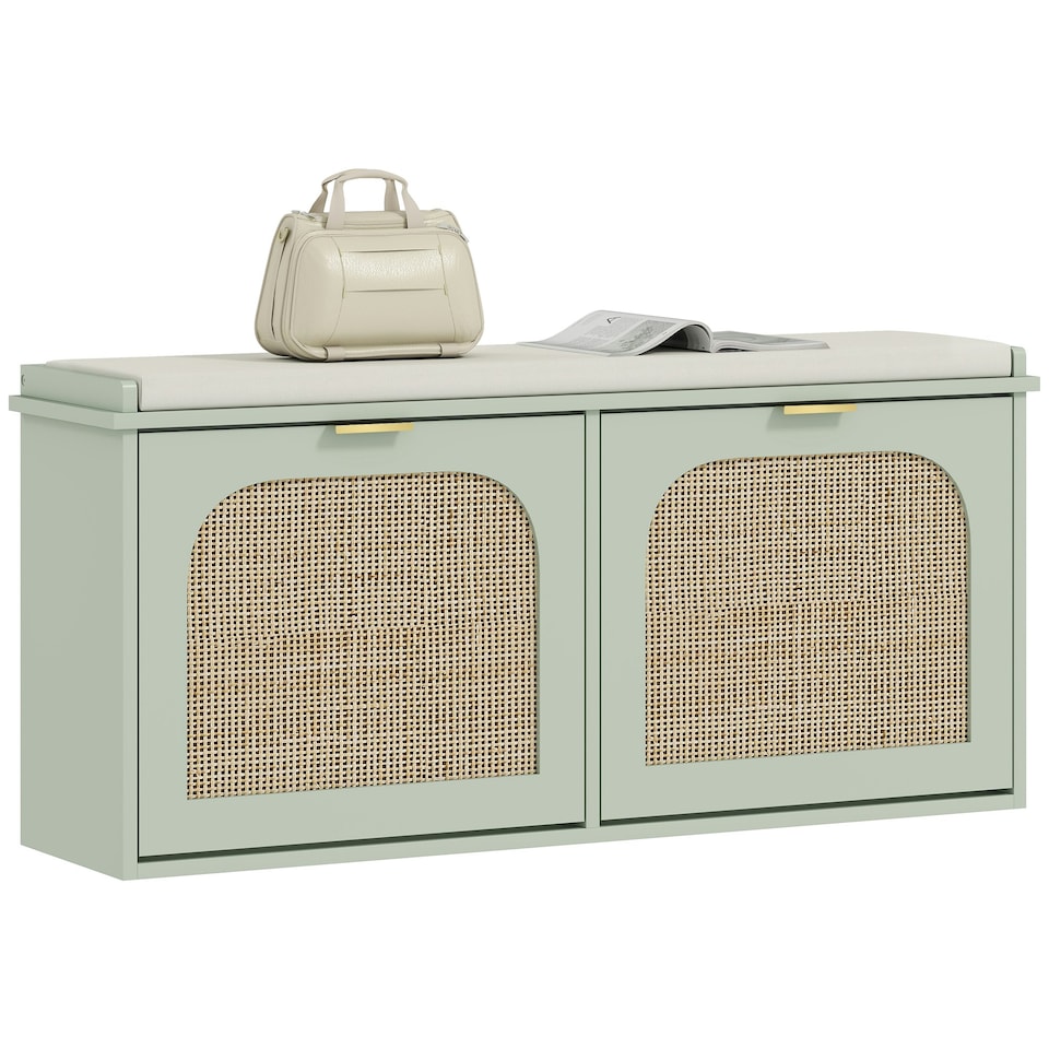 image 1 of HOMCOM Boho Shoe Bench with Padded Seat and 2 Flip-Drawers Green