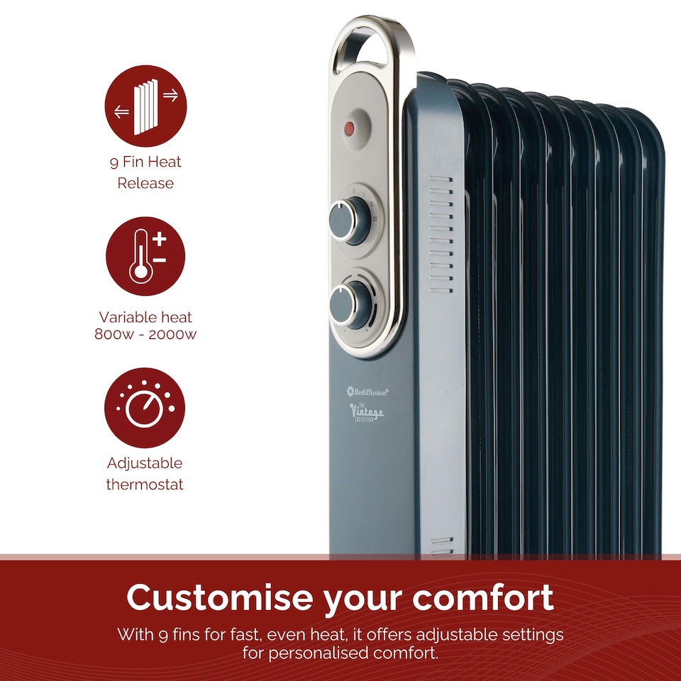 image 1 of Rediffusion Vintage 9 Fin Oil Filled Radiator 2KW Blue