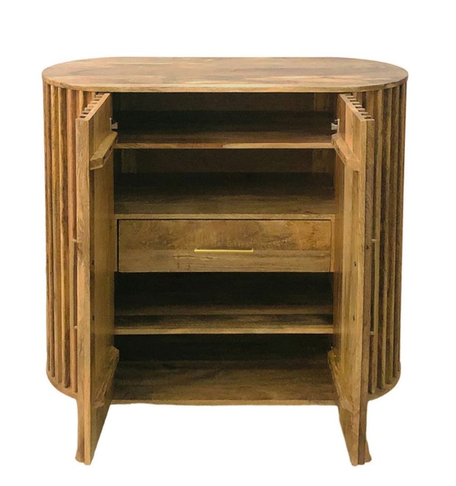 image 1 of Slated 2 Door Highboard Cabinet - Mango Wood - L45 x W106.5 x H110 cm - Light Finish - Assembly Required