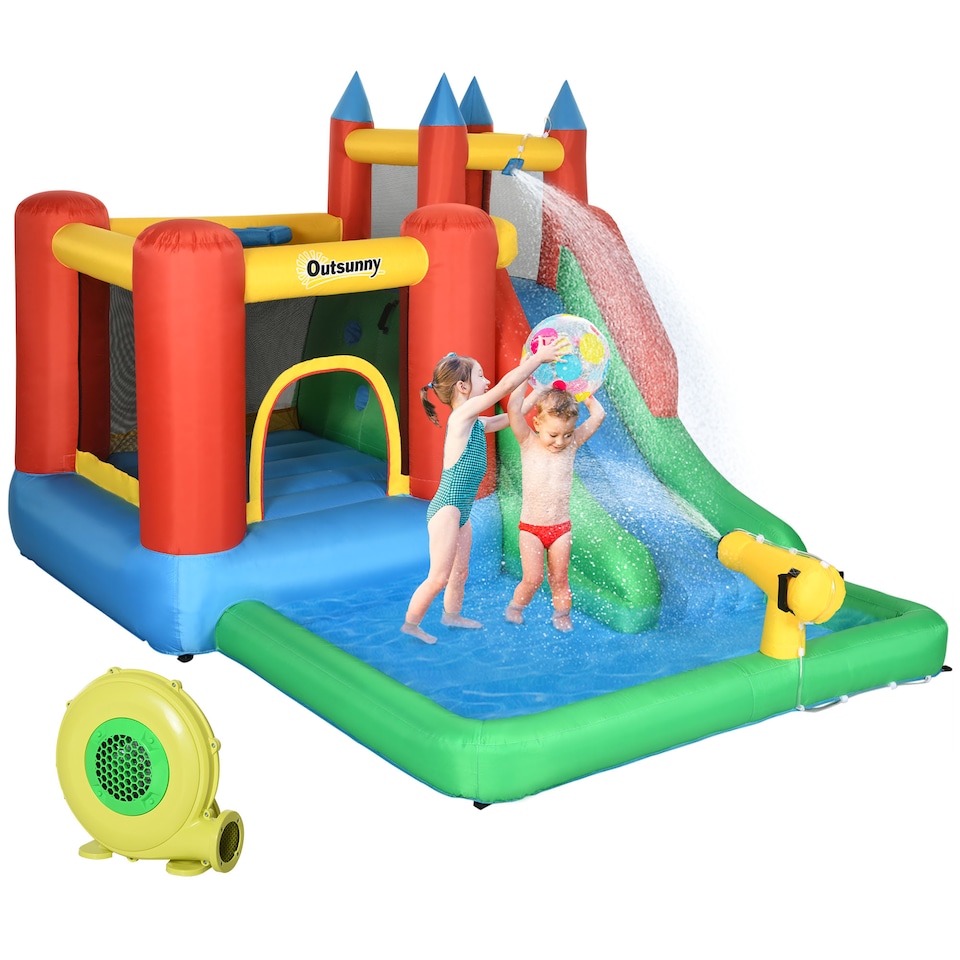image 1 of Outsunny Kids Bouncy Castle w/ Slide Water Pool Climbing Wall & Trampoline | Multi | Blue, Yellow, Green, Red | 208H x 323L x 236Wcm