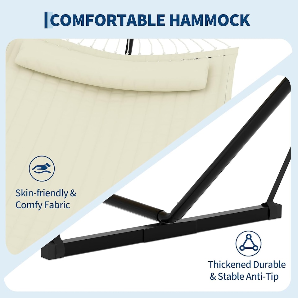 image 1 of London Boutique 12FT Double Hammock with Stand, Garden Hammock with Pillow and Balance Ropes, Beige
