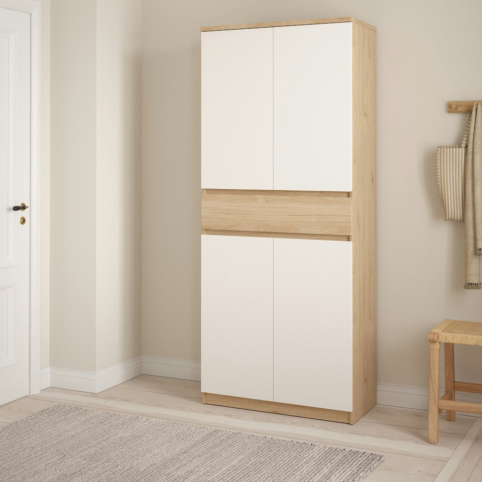 image 1 of Naia Shoe Cabinet with 4 Doors 1 Drawer in Jackson Hickory Oak and White