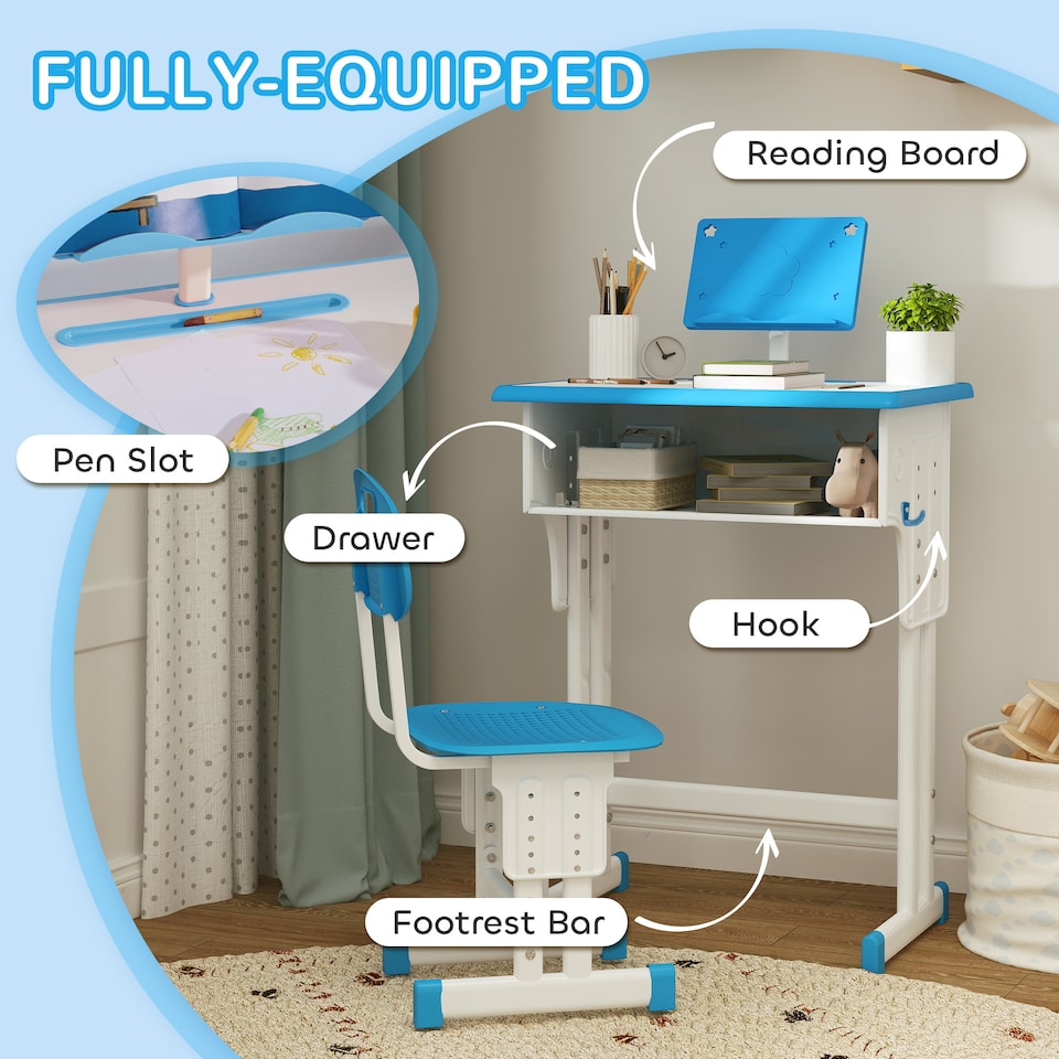 image 1 of HOMCOM Kids Desk and Chair Set Adjustable Height Study Table Set w Drawer | Blue