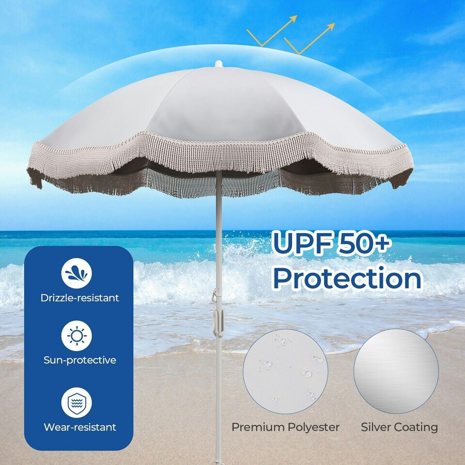 image 1 of COSTWAY 180 cm Outdoor Fringe Patio Parasol Sunshade Umbrella Cream