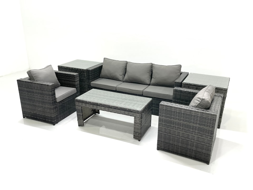 image 1 of Fimous Rattan Garden Furniture Set Outdoor Lounger Sofa with Coffee Table 2 Armchair 2 Side Tables Dark Grey Mixed