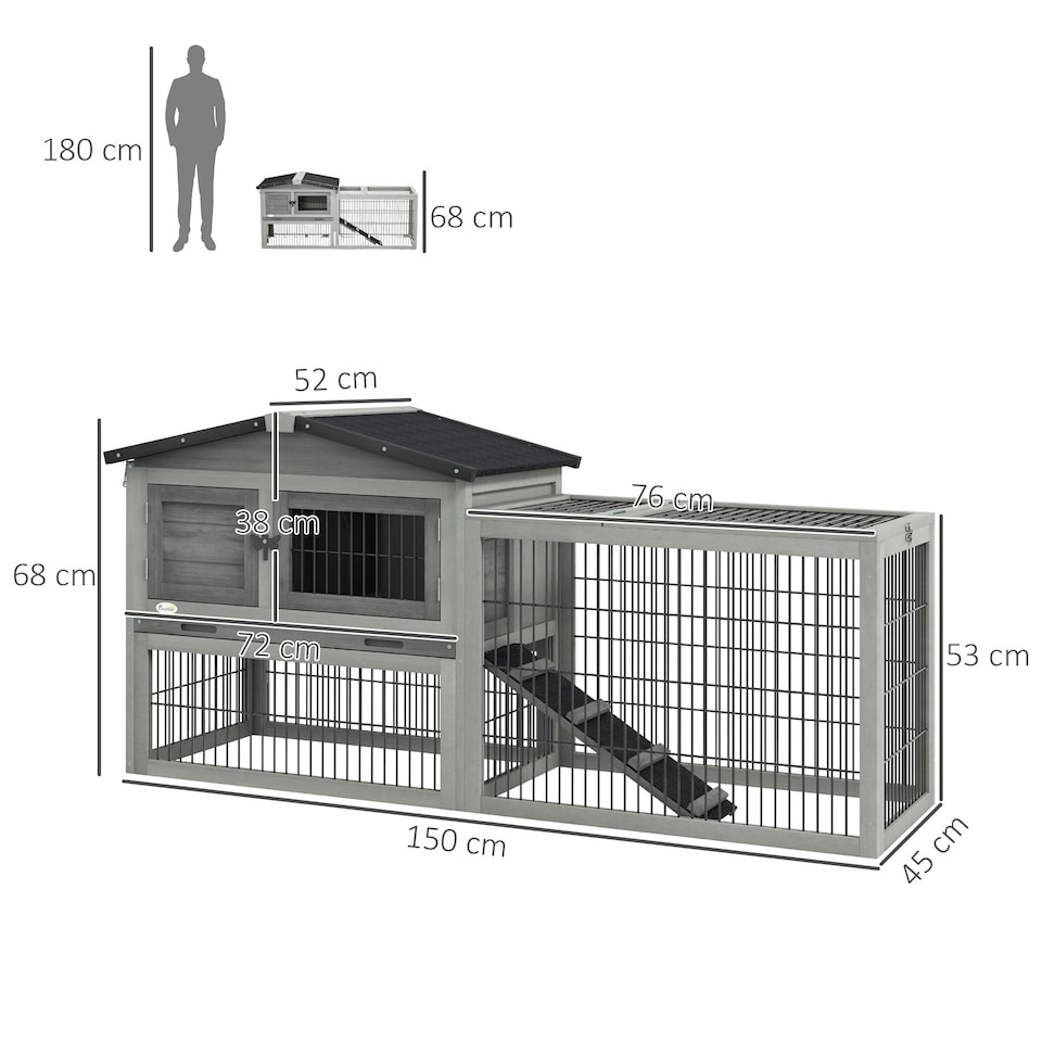 image 1 of PawHut Rabbit Hutch, Wooden Guinea Pig Hutch with Run & Tray, Grey