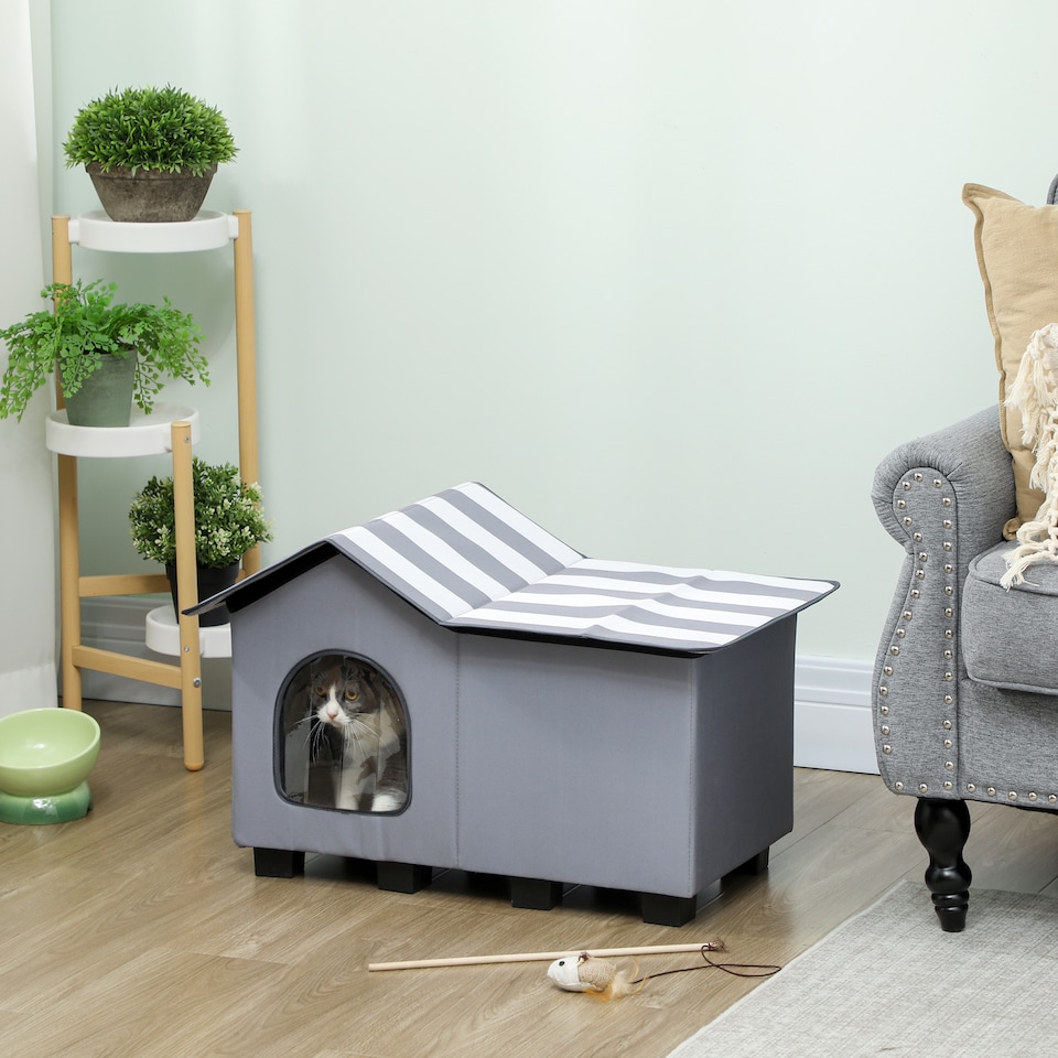 image 1 of PawHut Outdoor Cat House, Weatherproof Feral Cat Cave with Elevated Base and Cushion for Winter, Pet House with Top Platform for Indoor Outdoor, Grey