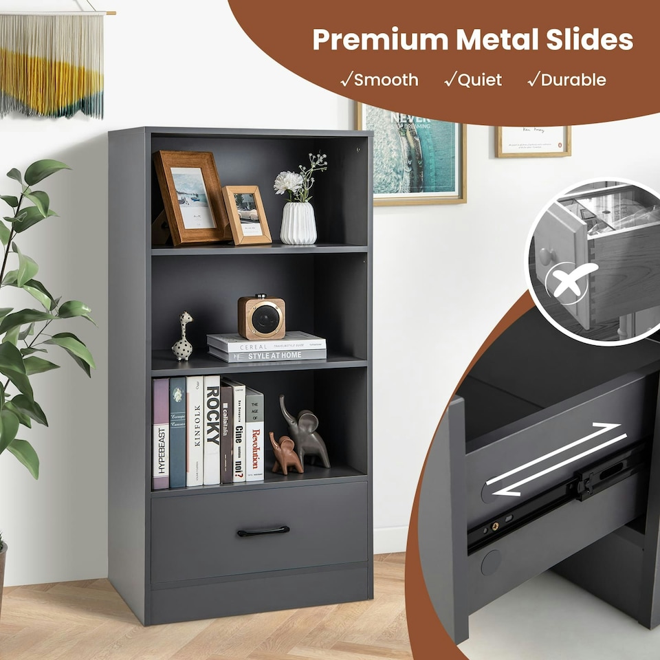 image 1 of COSTWAY 4-tier Storage Shelf Wood Bookcase Bookshelf Grey
