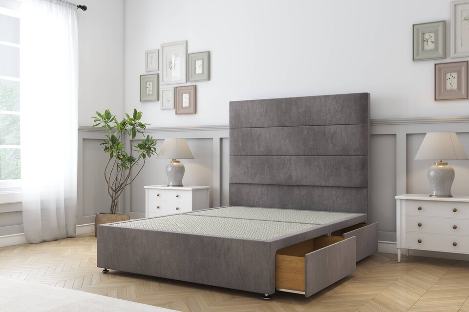 image 1 of Sloomy Texas Slate Naples Divan Bed With Mattress 2 Drawers Footend With 54" Floor Standing Headboard 6' Super King | Grey | Slate | Super King | 1