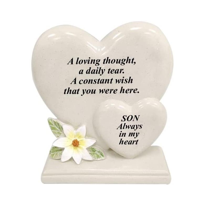 David Fischhoff Graveside Memorial White Lily Double Heart Plaque - Son in Cream