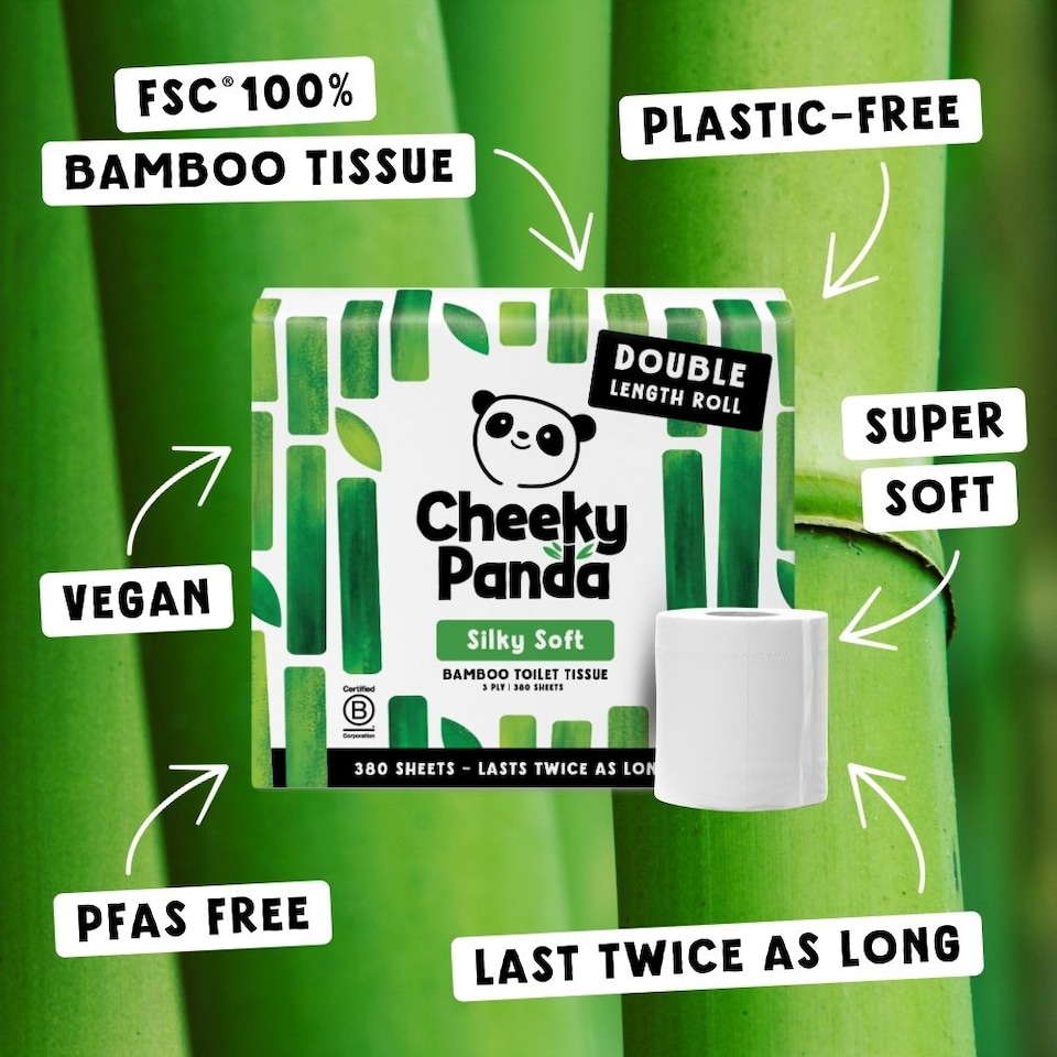 image 1 of Cheeky Panda Double-Length Silky Soft Bamboo Toilet Paper 48 rolls 380 3 ply sheets | White | Size: 48 Rolls | 48