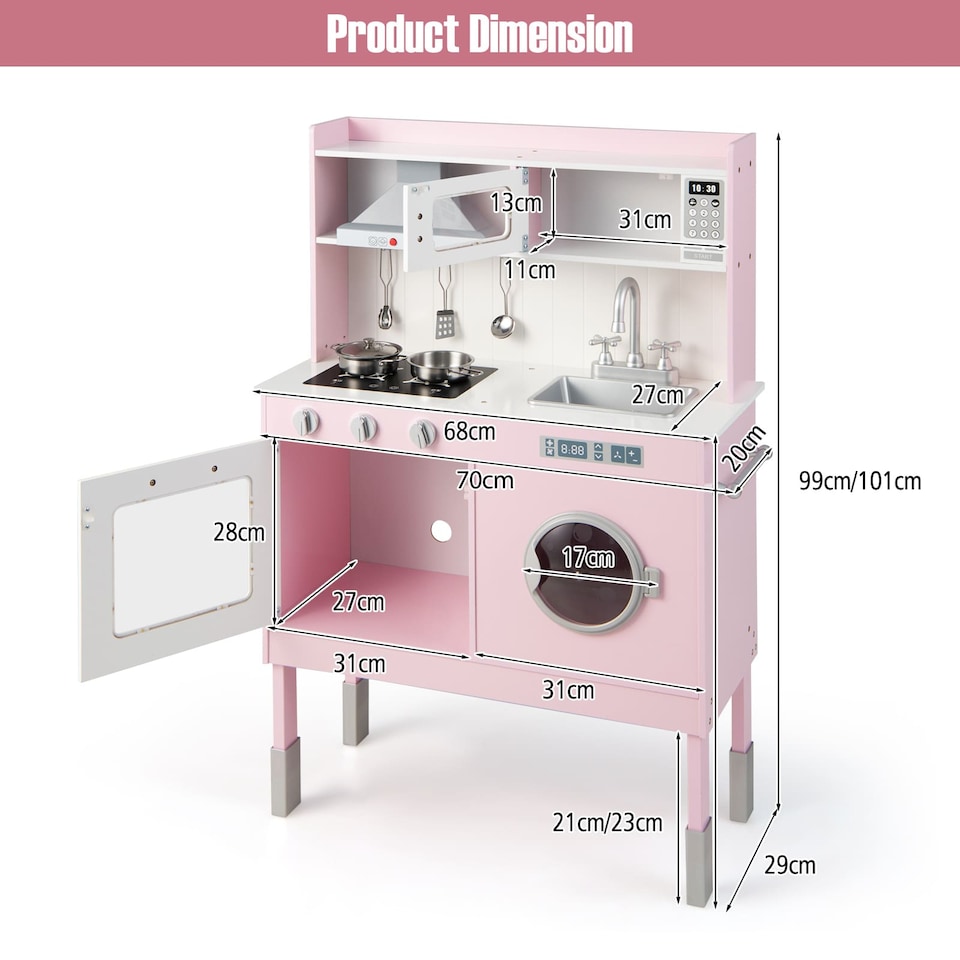 image 1 of COSTWAY Pretend Play Kitchen Toy Kitchen Playset with Range Hood-Pink
