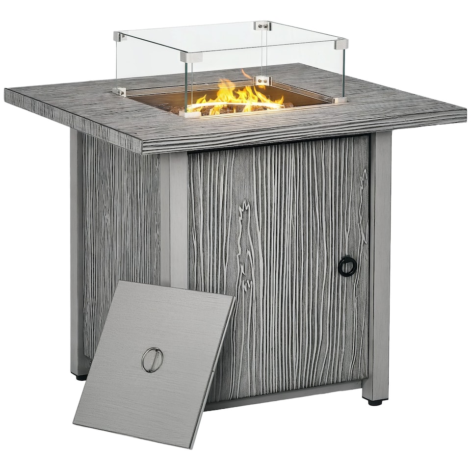 image 1 of Outsunny Propane Gas Fire Pit Table for Garden, 40000 BTU Smokeless Firepit Outdoor Patio Heater with Waterproof Cover, Glass Screen, Glass Beads and Lid, Wood Effect, 71 x 71 x 63cm, Grey