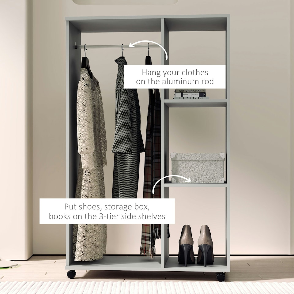 image 1 of HOMCOM Rolling Open Wardrobe Hanging Rail Storage Shelves for Clothes, Grey