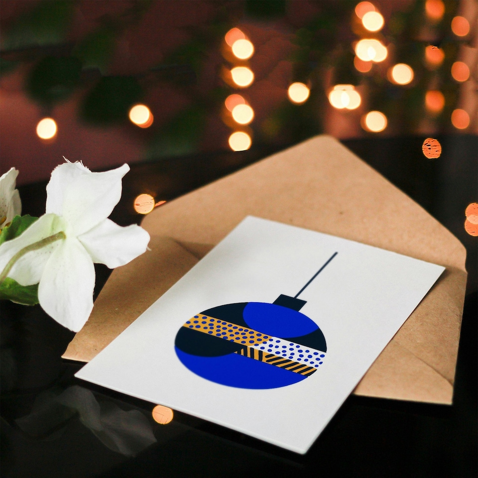 image 1 of Bauble Blue Orange Modern Ornament Fun Xmas Art Blank Christmas Card