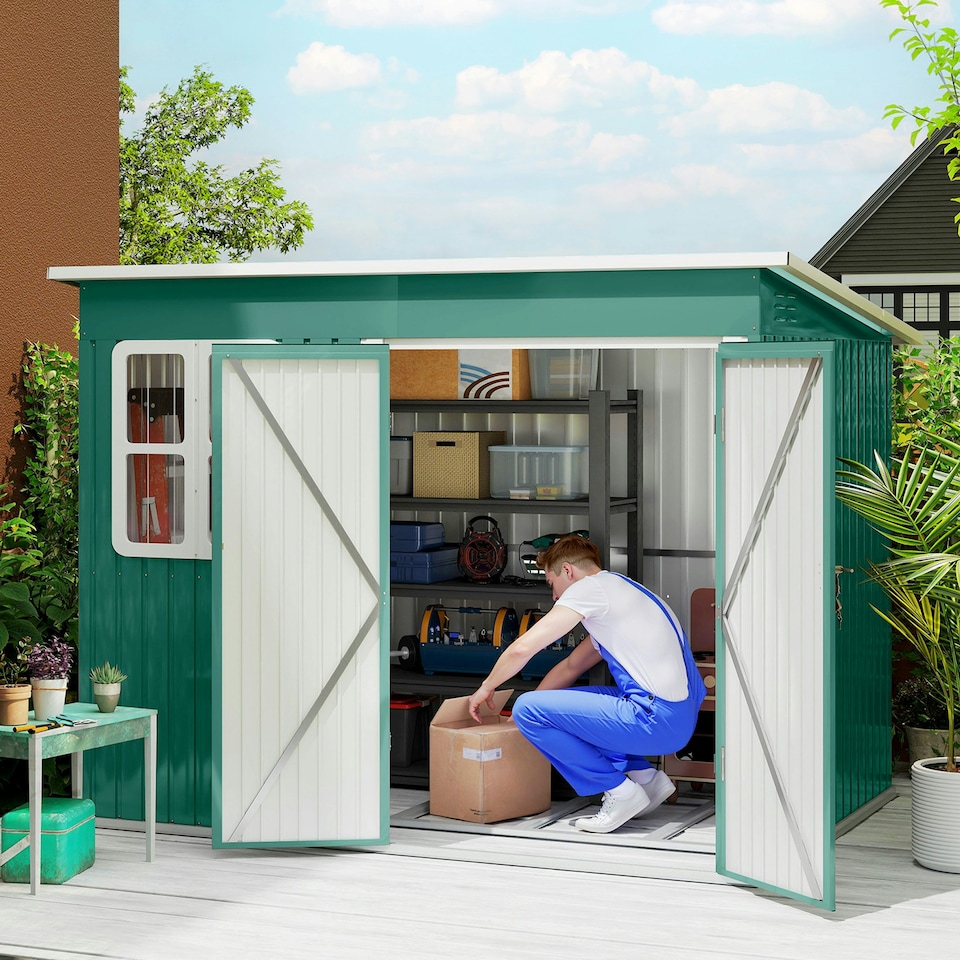 image 1 of Outsunny 8.5 x 6ft Galvanised Steel Garden Shed with Foundation Kit, Green 