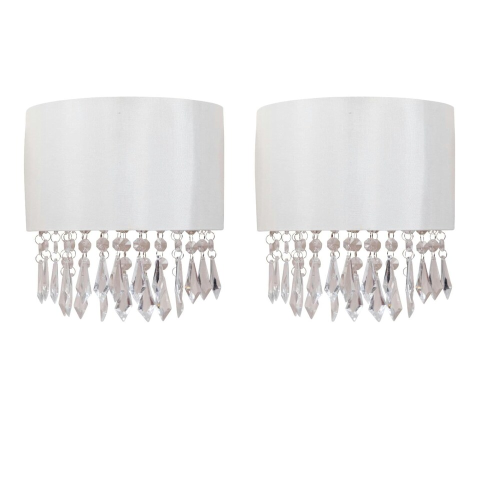image 1 of First Choice Lighting Set of 2 Jewelled Ivory Fabric Wall Lights With Clear Beaded Crystal Style Strings White | Clear