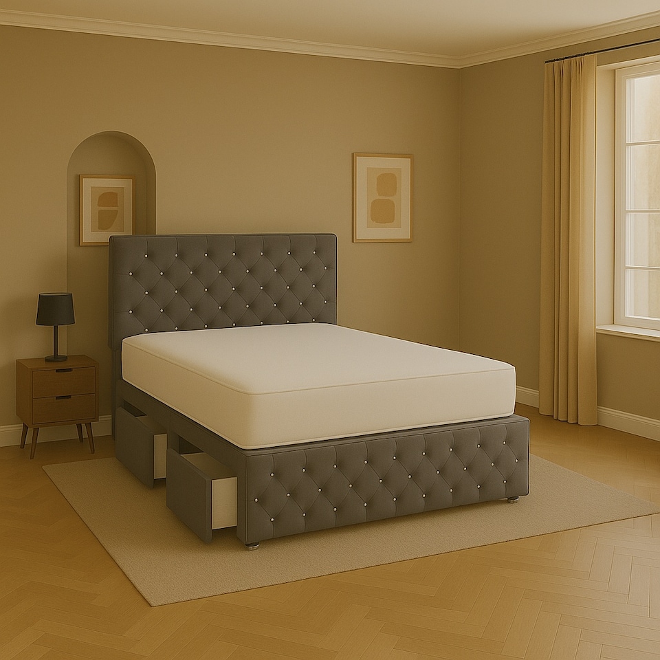 Grey Chestefield Crystal Plush 4ft Small Double Divan Bed Set Headboard & Footboard - 2 Drawers Left Side Laying in Bed