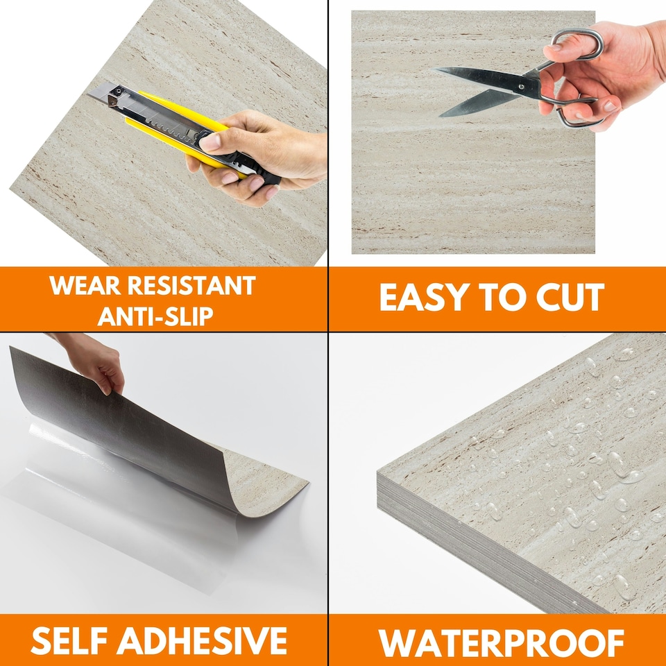 image 1 of NOVECRAFTO Vinyl Floor Tile – Self Adhesive 18x18 in – Travertine Dune – Peel & Stick for Kitchen, Bathroom & Living Room – Waterproof & Easy DIY Brown | 4.18 sqm