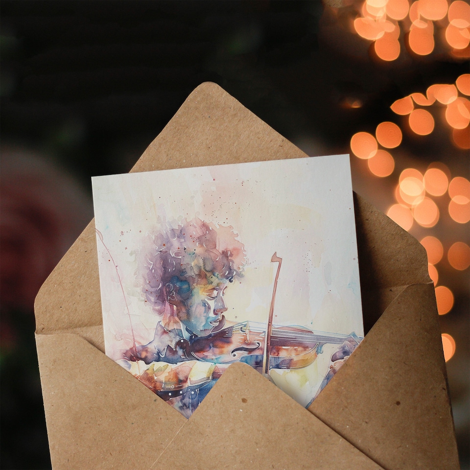 image 1 of Violinist Playing Violin Music Pastel Watercolour Birthday Card