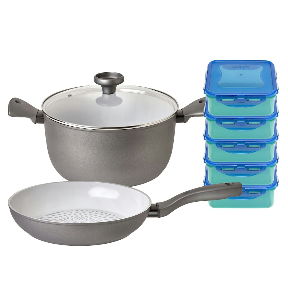 image 1 of Prestige Earth Pan Batch Cooking 7 Piece Set: Frying Pan, Stockpot & Meal Prep Containers